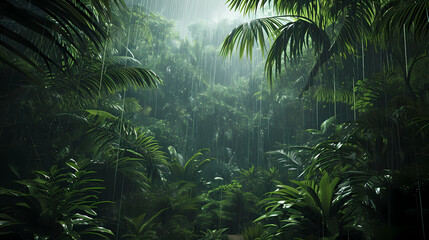 A lush rainforest teeming with life during a rainy season - obrazy, fototapety, plakaty