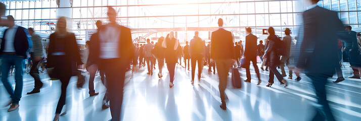 panorama of blurred business people walking at a trade fair, conference or walking in a modern hall, Generative Ai - obrazy, fototapety, plakaty