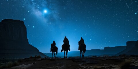 Three figures on horses in the desert following a starry night sky