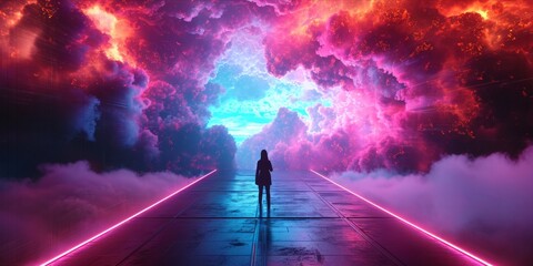 Person facing a vibrant explosion of clouds within a futuristic corridor - obrazy, fototapety, plakaty