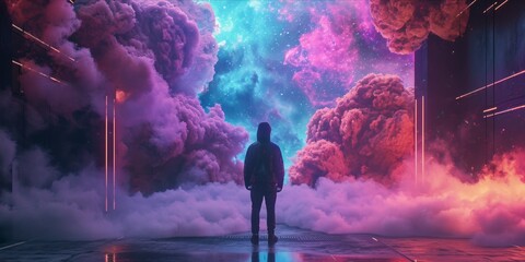 Person facing a vibrant explosion of clouds within a futuristic corridor - obrazy, fototapety, plakaty