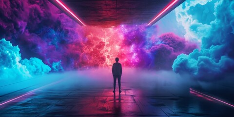 Person facing a vibrant explosion of clouds within a futuristic corridor