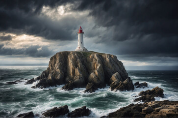 A lone lighthouse perched on a rocky cliff against a stormy seascape - obrazy, fototapety, plakaty