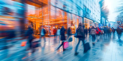 Blurred crowd walking in the street. Blurred background of a modern shopping mall, motion blur. Abstract motion blurred shoppers with shopping bags - obrazy, fototapety, plakaty