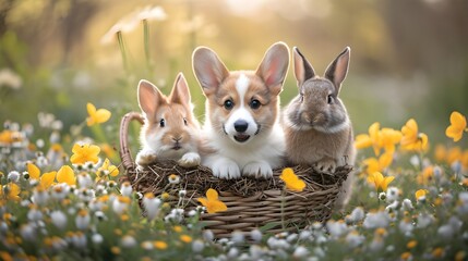 Corgi puppy and rabbit are in the easter basket
