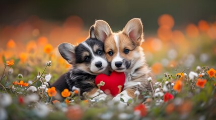 Dog in love, heart in nature. Cute adorable corgi puppy holding a heart shape in magical flower garden. Birthday Valentine's Mothers Fathers day greeting card, fantasy wallpaper background.