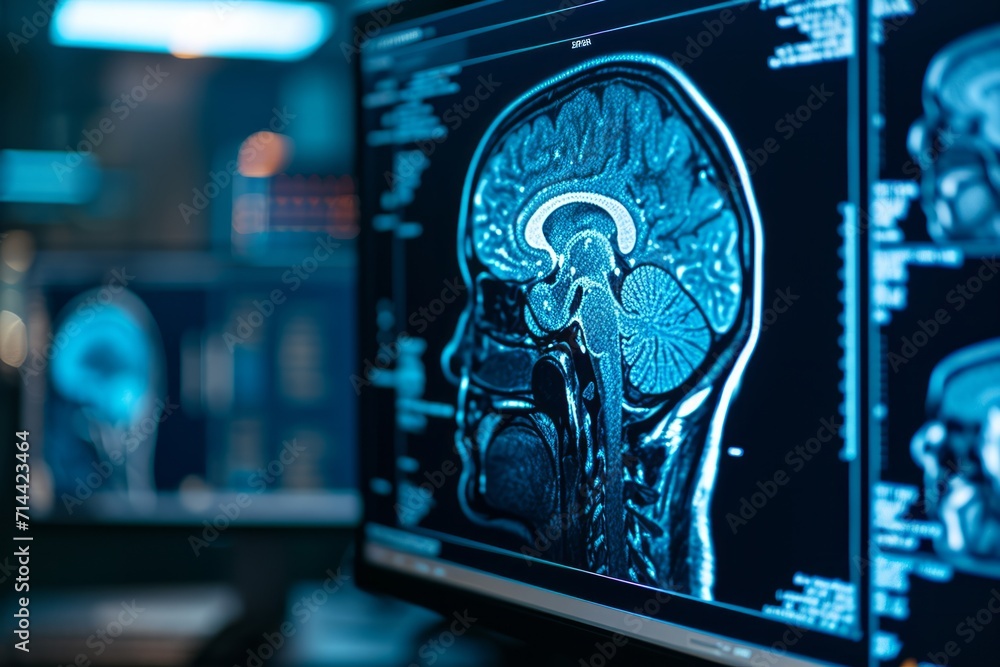 Poster digital image of a human brain scan displayed on monitors