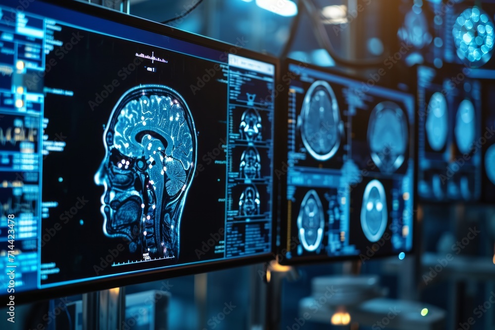 Poster digital image of a human brain scan displayed on monitors
