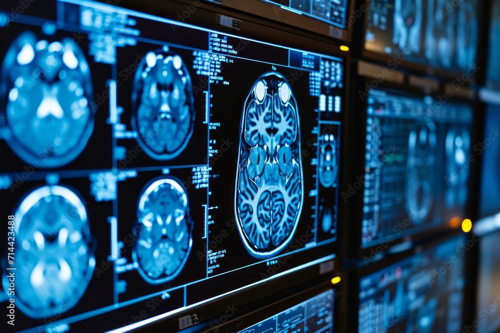 Poster digital image of a human brain scan displayed on monitors