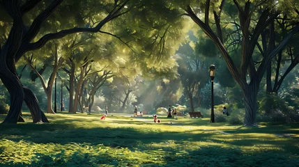 Fototapeten A park scene with playing children and shady trees © Food gallery