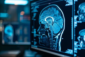 Digital image of a human brain scan displayed on monitors