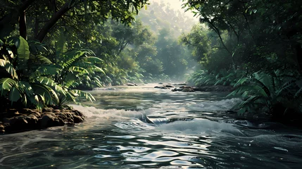 Fotobehang A river scene with flowing water and surrounding vegetation © Food gallery