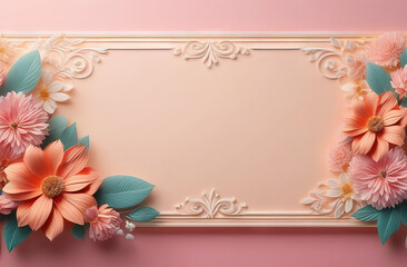 Delicate pink card with a light frame for text surrounded by flowers. March 8th, Elderly Day, Parents Day