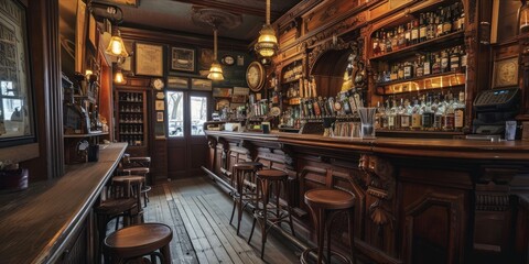 Fototapeta na wymiar Vintage style bar interior with wooden architecture