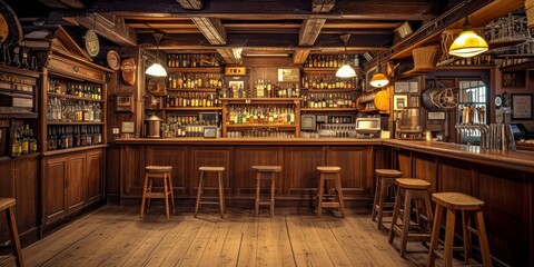 Vintage style bar interior with wooden architecture - obrazy, fototapety, plakaty