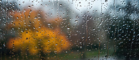 Fall rain, raindrops on glass, tape on windows.