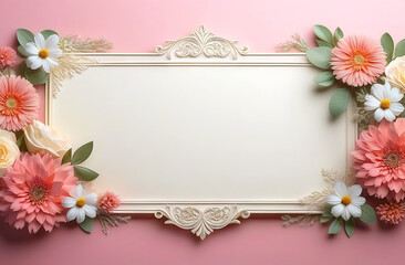 Vintage light frame framed by flowers on a delicate pink background. Space for copying. Birthday, Easter, Mother's Day