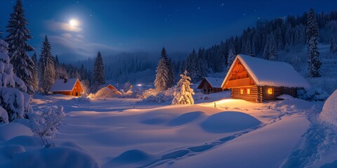 Winter village scene with moonlight and snow