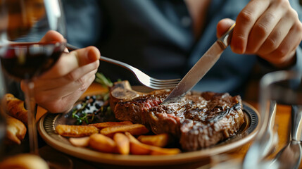 delicious t-bone steak on a plate, close up on man cutting the steak with fork and knife. concept of gourmet high end food. - obrazy, fototapety, plakaty