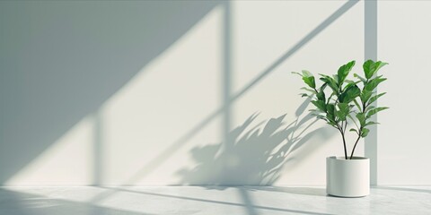 Minimalist interior with plant and sunlight - obrazy, fototapety, plakaty