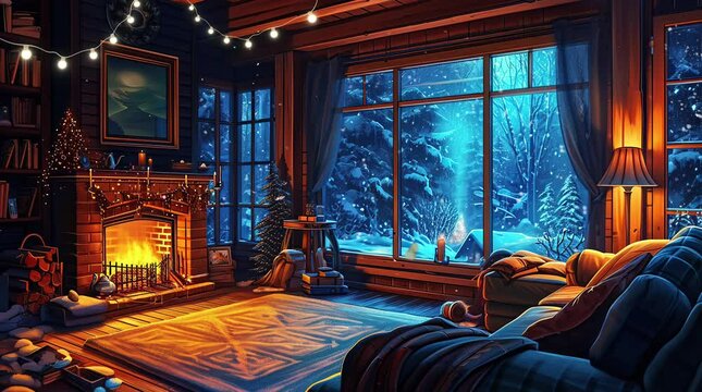 Warm cozy fireplace with real wood burning in it. Cozy winter concept.  Seamless looping 4k time-lapse virtual video animation background. Generated AI