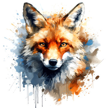 Fox watercolor illustration, painting design for poster and sublimation print