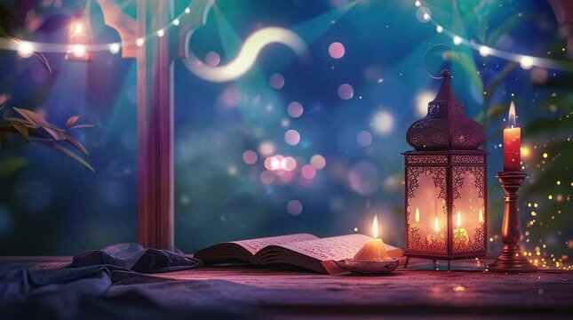 The Muslim feast of the holy month of Ramadan Kareem. Beautiful background with a shining lantern Fanus. Seamless looping 4k time-lapse virtual video animation background. Generated AI
