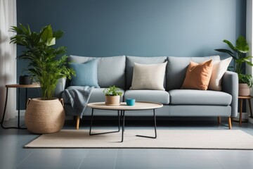 Scandinavian Interior home design of modern living room with gray sofa and side table with plants on blue wall with copy space near window