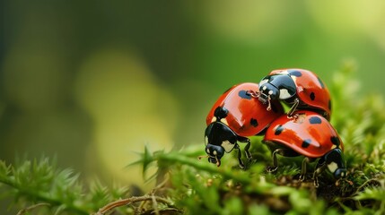 Fototapeta premium Lovely couple of ladybug on a leaf with copy space.