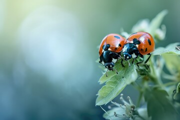 Lovely couple of ladybug on a leaf with copy space.