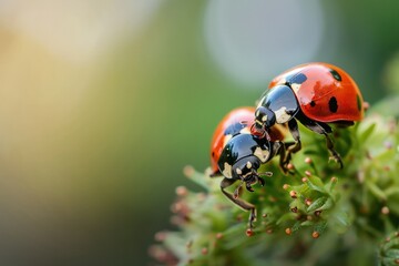 Fototapeta premium Lovely couple of ladybug on a leaf with copy space.
