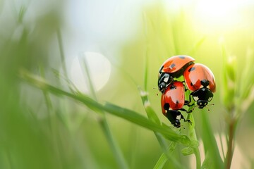 Fototapeta premium Lovely couple of ladybug on a leaf with copy space.