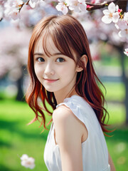 満開の桜の公園で笑顔を見せる若い女性