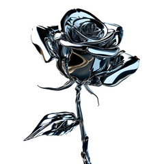 3D rose icon created from metallic chrome liquid PNG