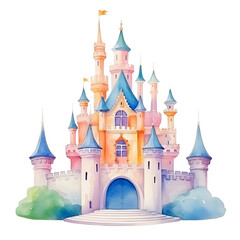Whimsical Watercolor Castle. A Fairy Tale Painting in Dream, Sparking and Enchanting Imagination. Dreamlike Illustration, Immerse in the Magical Kingdom, Vibrant and Pastel Color of Fantasy.