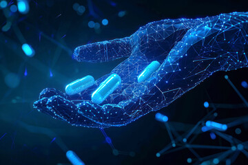 Abstract blue giving hand with flying medical capsules. Low poly style design. Availability of medicines concept. Modern 3d graphic geometric background. Wireframe light connection structure.