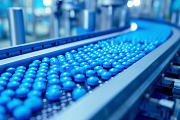 Obraz premium Blue Capsules are Moving on Conveyor at Modern Pharmaceutical Factory. Tablet and Capsule Manufacturing Process. Close-up Shot of Medical Drug Production Line.