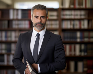 A lawyer in law office setting. He is standing in front of a bookshelf fill with law books. His expression is serious and thoughtful indicative of his experience and expertise.