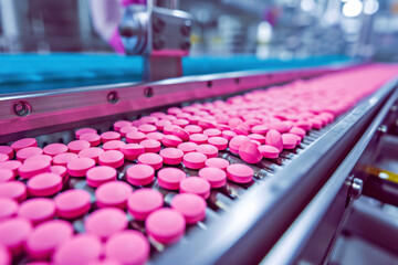 Fototapeta premium Macro Shot of Pink Pills During Production and Packing Process on Modern Pharmaceutical Factory. Medical Drug Manufacturing.