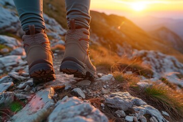 Hiking boots on a mountain trail at sunset