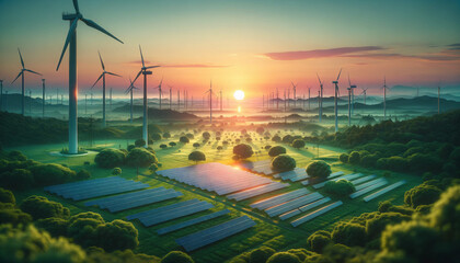 Renewable Energy Landscape at Sunrise. Sunrise view of a sustainable energy farm with wind turbines and solar panels amidst a lush green landscape.Concept eco green renewable energy. Generation AI - obrazy, fototapety, plakaty