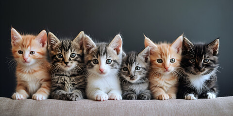 Different colored cat kittens, sitting beside each other on row. A group of different kitten, World Pet's Day, animals, house pets, Generative Ai