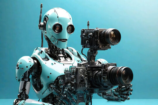 A modern robot is taking pictures with cameras. 3D render
