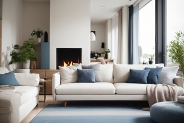 Scandinavian Interior home design of modern living room with white sofa with blue pillows in room with fireplace near window