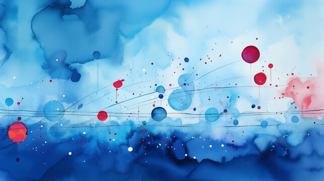 Blue and Red Watercolor Background Playful Musical Abstract Diagram Lighthearted Dots and Lines Circles