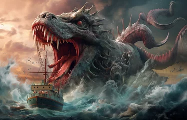 Fototapeten Giant Sea Monster Attacking a Ship wallpaper, background, Generative AI  © Shineoxstock