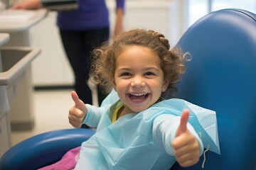 Girl in dental chair giving thumbs up