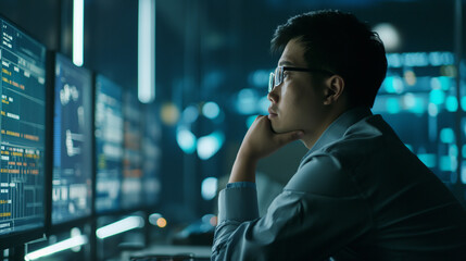 Portrait of asian business man thinking and looking at stock market data display