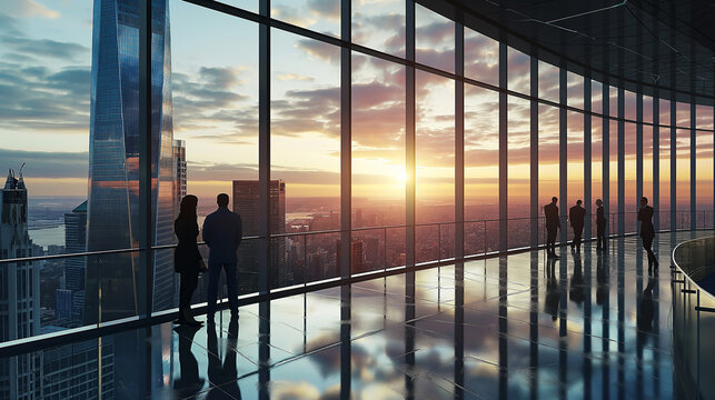 Silhouette of business people against the background of a panoramic window overlooking the city