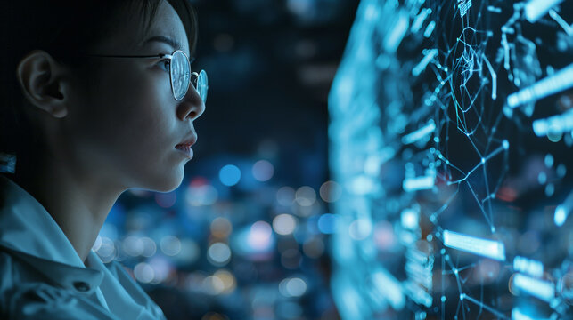 Young Businesswoman Looking At Computer Screen In Office At Night, Asian